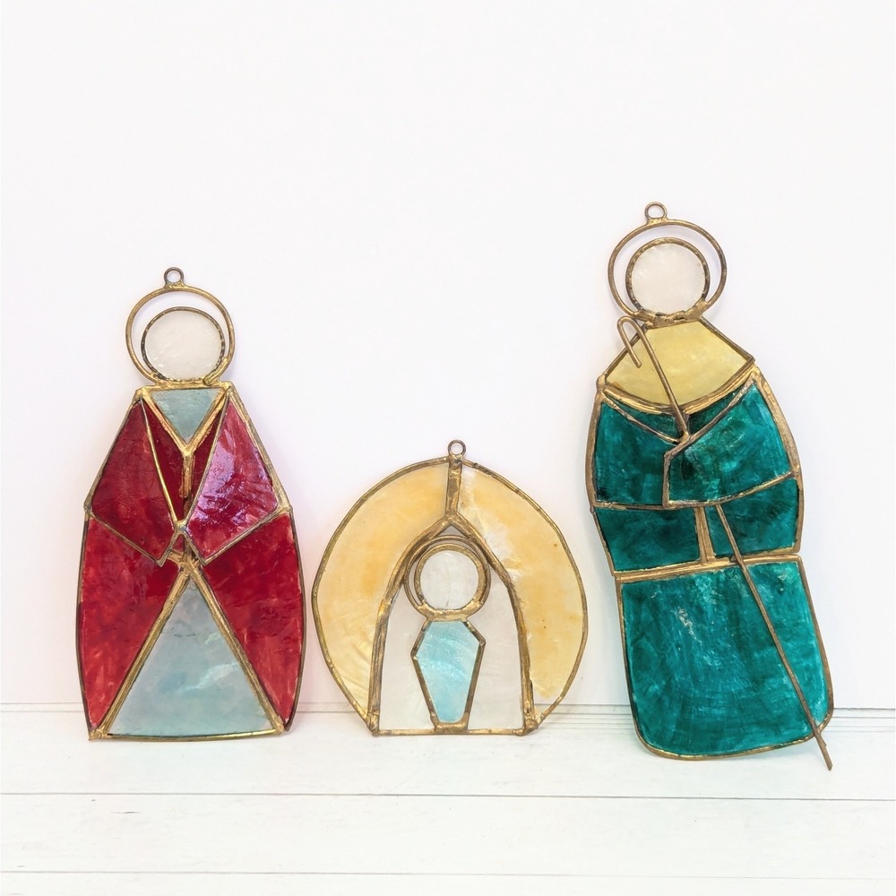 Vtg Capiz Shell Nativity Ornament Set Mary Joseph Jesus Holy Family Suncatcher